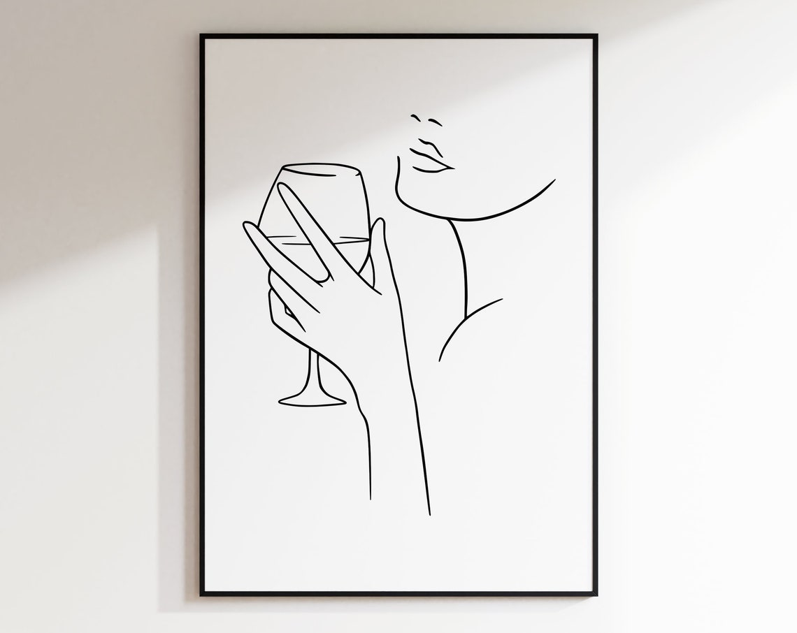 Woman Holding Wine Glass Elegant Continuous Line Drawing Poster