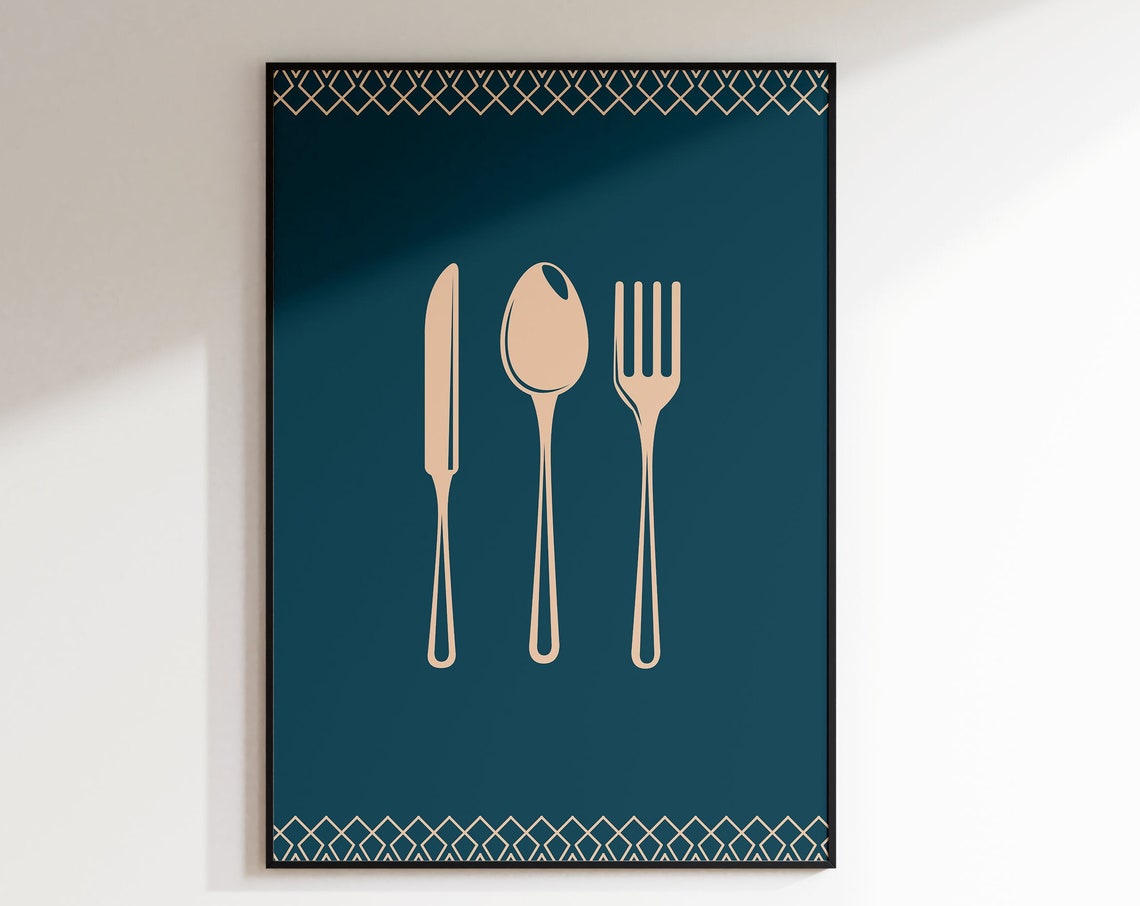 Gold Cutlery Knife Fork Spoon on Teal Kitchen Dining Wall Poster