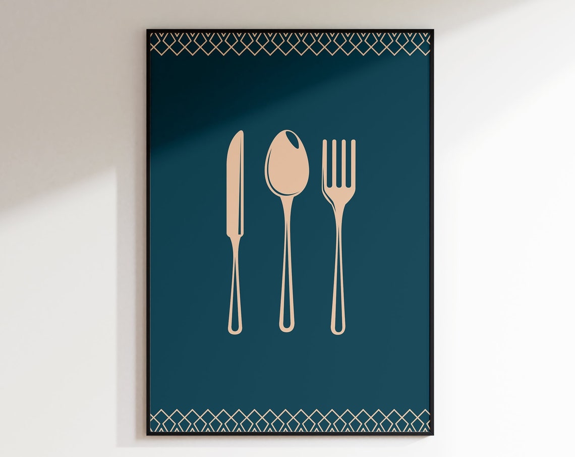 Gold Cutlery on Teal Kitchen Art Knife Fork Spoon Elegant Decor Poster