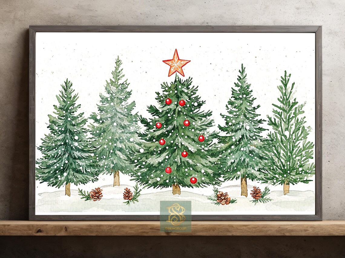 Vintage Christmas Tree Art Print, Holiday Decor