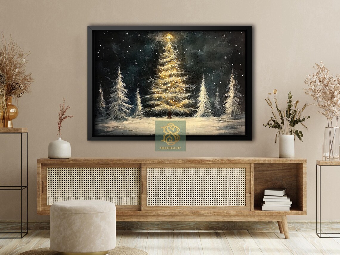 Vintage Christmas Tree Painting, Holiday Wall Art - Image 4