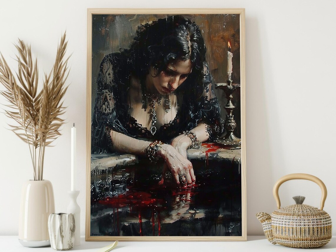 Dark Gothic Woman with Candles Blood Red Oil Painting Halloween Poster - Image 3
