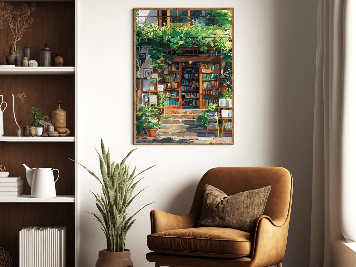 Cozy Bookstore Front Vines Bookshelves Illustration Bookshop Reading Nook Art Poster - Image 4