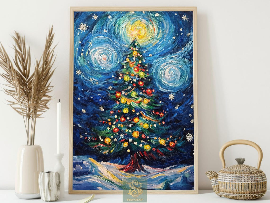 Starry Night Style Christmas Tree Swirling Blue Sky Impasto Poster - Image 4