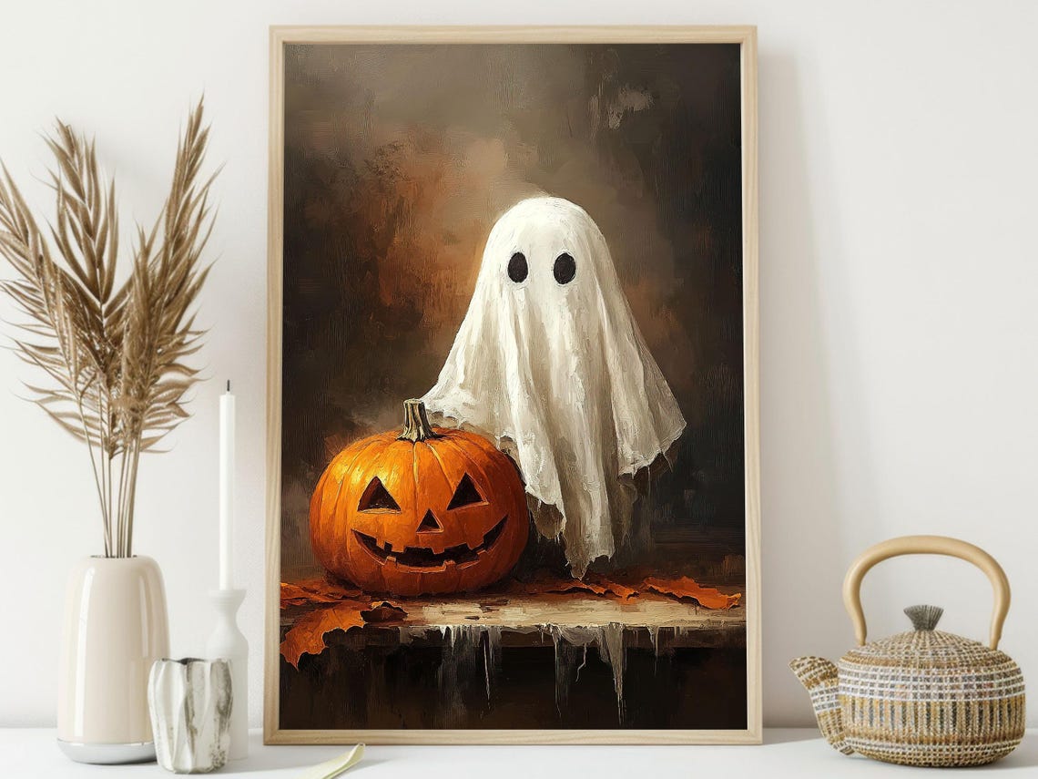 Cute Ghost With Jack O Lantern Pumpkin Vintage Halloween Print - Image 3