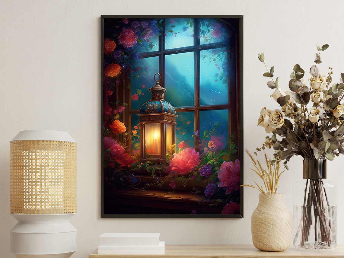 Vintage Lantern On Night Window With Vibrant Floral Bouquet Art Print