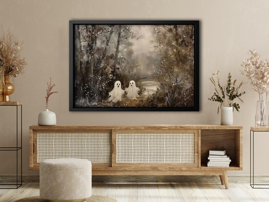 Two Cute Ghosts in Foggy Autumn Woods Painterly Halloween Art Poster - Image 4