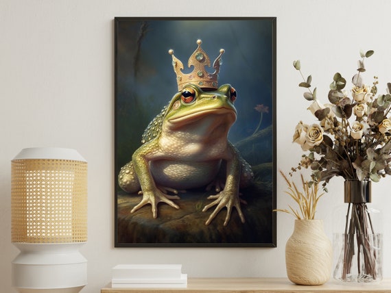 Vintage Frog King Painting Retro Frog Art Print Cottage Animal Print Dark Animal Poster Print