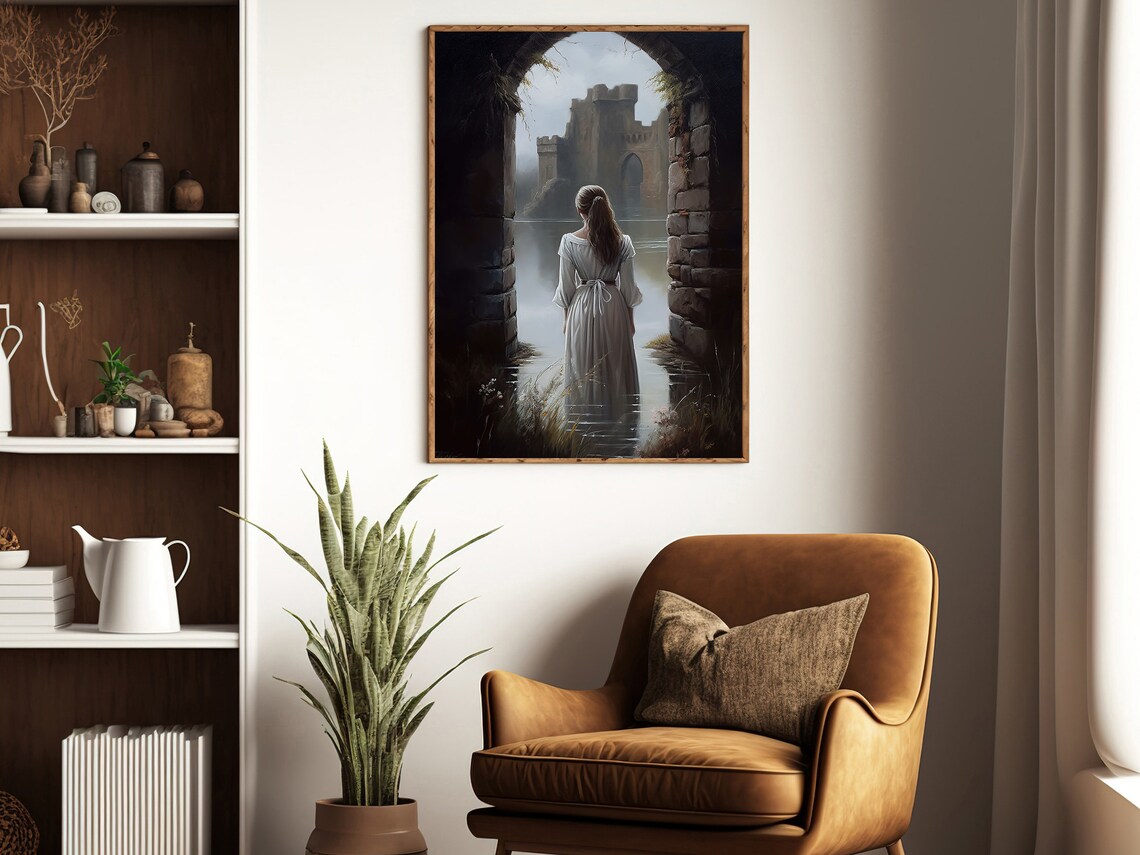 Romantic Woman In White Gown Walking Toward A Misty Castle Poster - Image 3