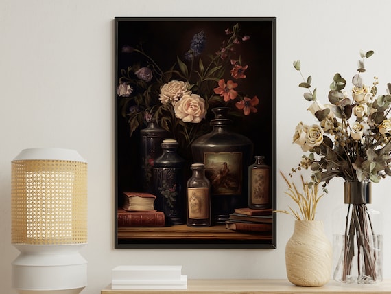 Dark Academia Floral Still Life Roses Antique Bottles Wall Poster