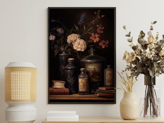 Vintage Flowers Vase Painting Flower Art Print Flowers Print Gothic Art Print Dark Academia Art Print Rustic Flowers Poster