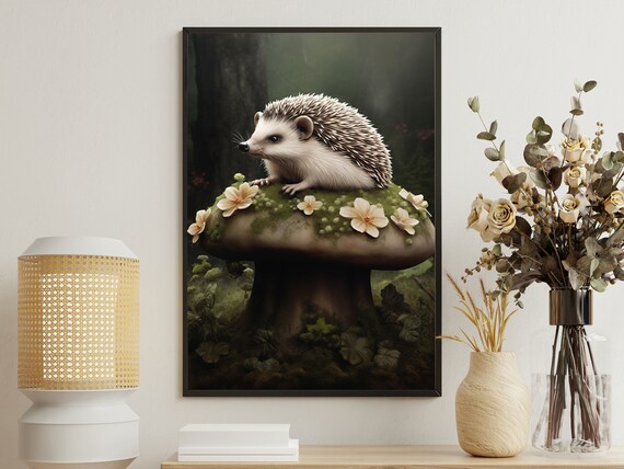 Hedgehog On Mossy Mushroom With White Blossoms Enchanted Forest Animal Print