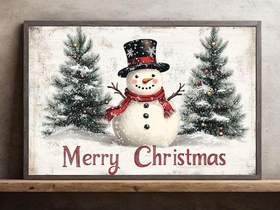 Snowman Merry Christmas Vintage Winter Poster Print