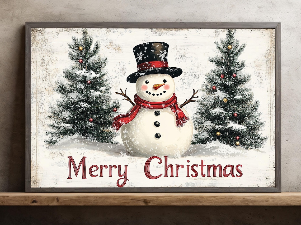 Snowman Merry Christmas Vintage Winter Poster Print