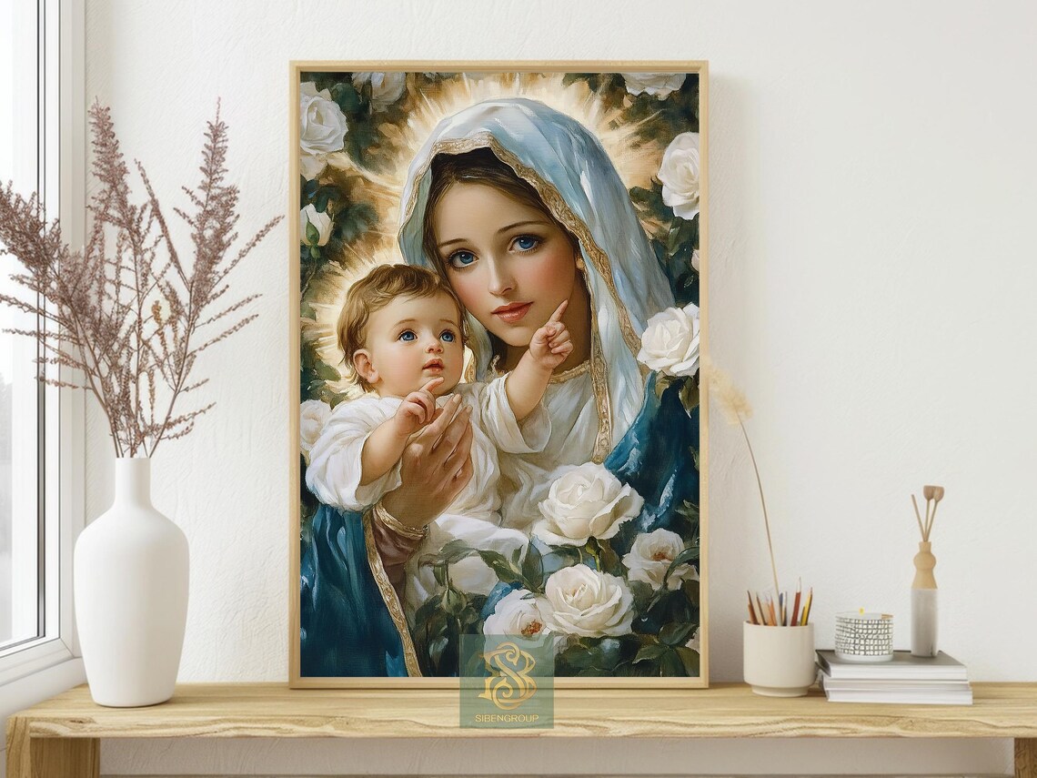 Mother Mary Madonna and Baby Jesus With White Roses Religious Poster - Image 4