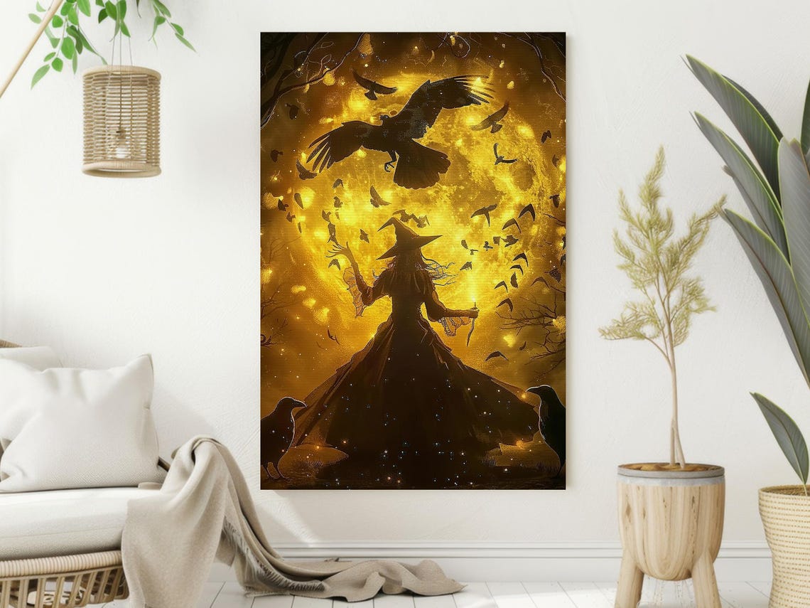 Witch Silhouette with Crows Before Giant Golden Full Moon Art Poster - Image 2