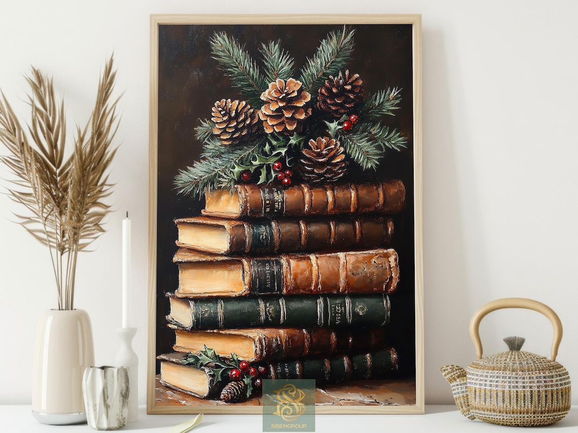 Vintage Stack of Old Books With Pinecones and Holly Art Print - Image 4