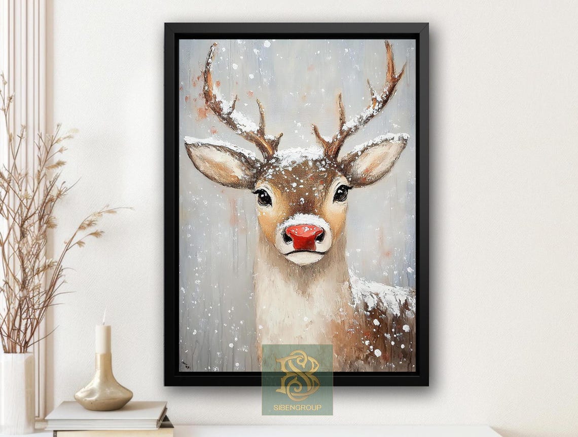 Cute Reindeer With Red Nose in Falling Snow Winter Portrait Poster