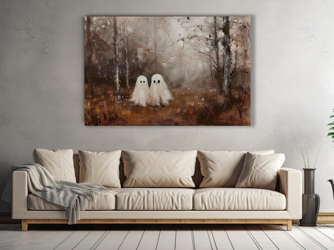 Two Sheet Ghosts in Misty Autumn Forest Impressionist Painting Poster - Image 3