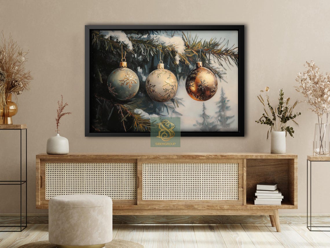 Gold And Blue Christmas Baubles On Snowy Pine Branch Holiday Print - Image 4