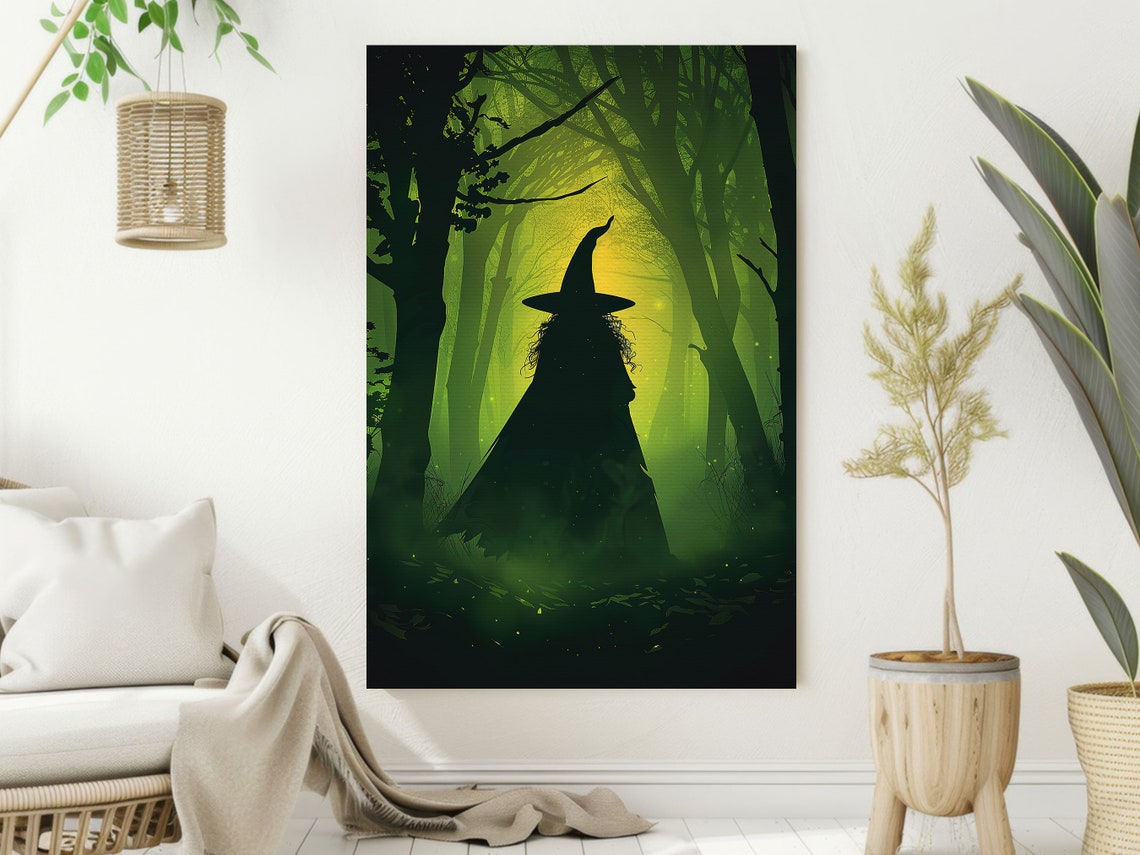 Witch Silhouette In Green Misty Forest Glowing Magical Art Poster - Image 2