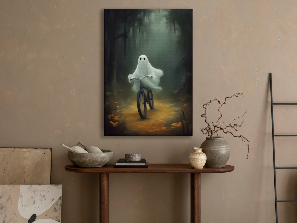 Vintage Ghost Riding Bicycle Through Misty Dark Forest Art Poster - Image 3