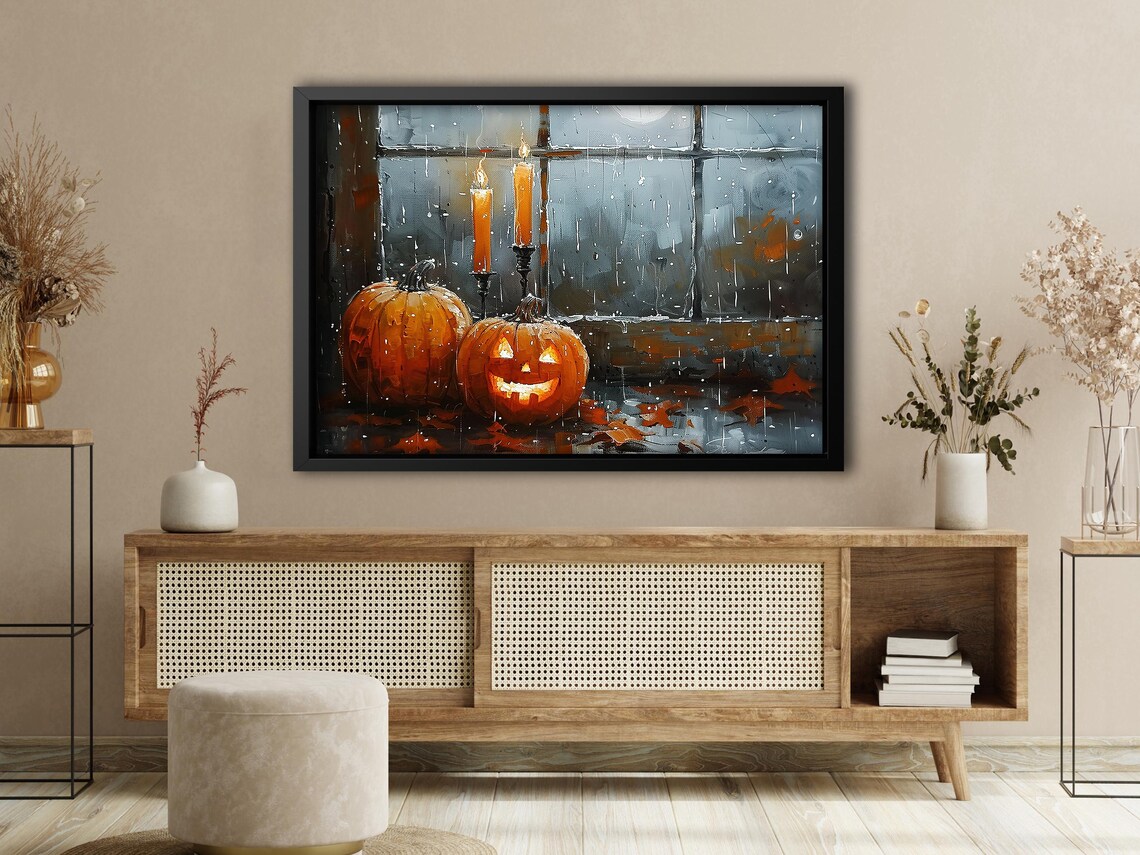 Pumpkins and Candles by Rainy Window Impasto Autumn Painting Poster - Image 4