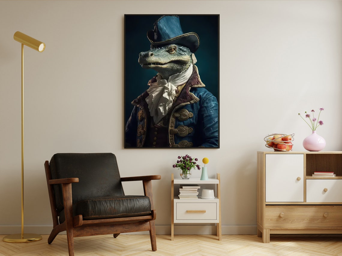 Dapper Crocodile Blue Top Hat Colonial Coat Portrait Art Poster - Image 2