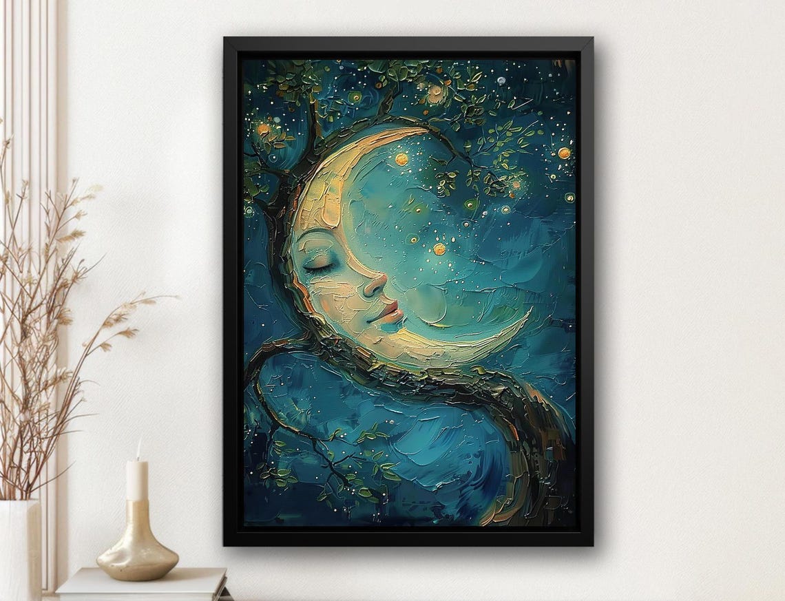 Vintage Crescent Moon Print Cottage Moon Poster Print Magic Forest Wall Art Surreal Room Decor