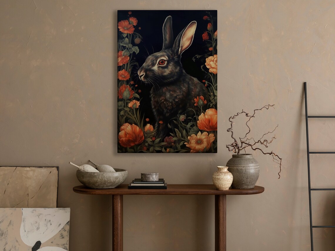 Black Rabbit In Profile Orange Poppies Dark Botanical Gothic Vintage Wall Art - Image 3