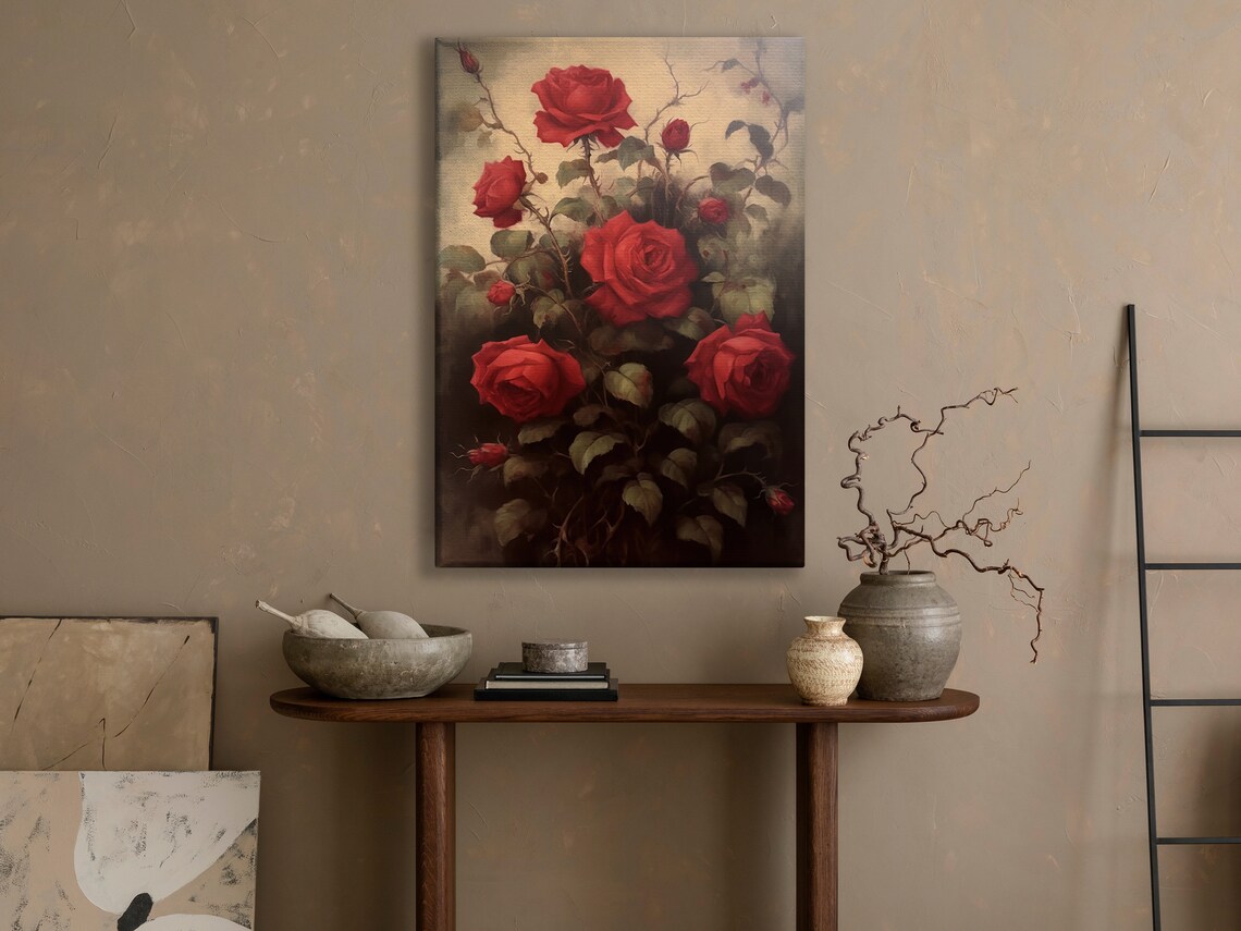 Vintage Red Roses Blooming Dark Green Foliage Classic Floral Art Poster - Image 4