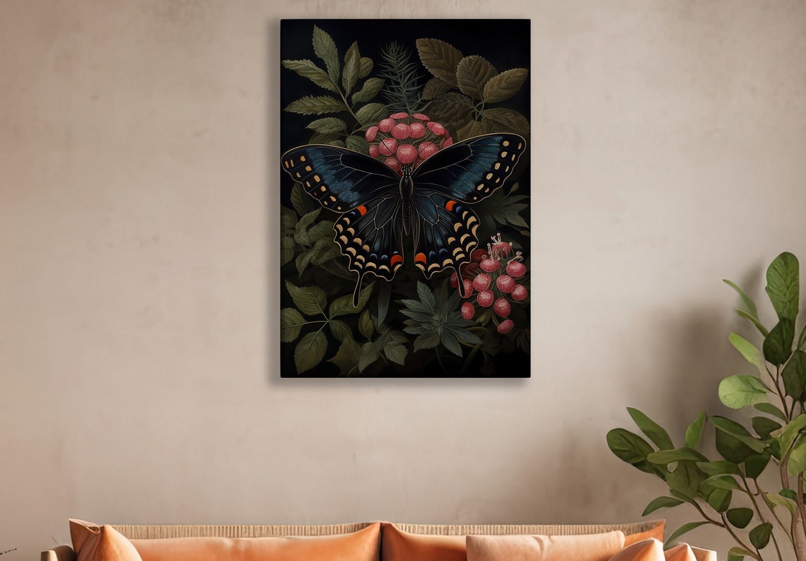 Black Swallowtail Butterfly With Pink Berries On Dark Botanical Print - Image 2