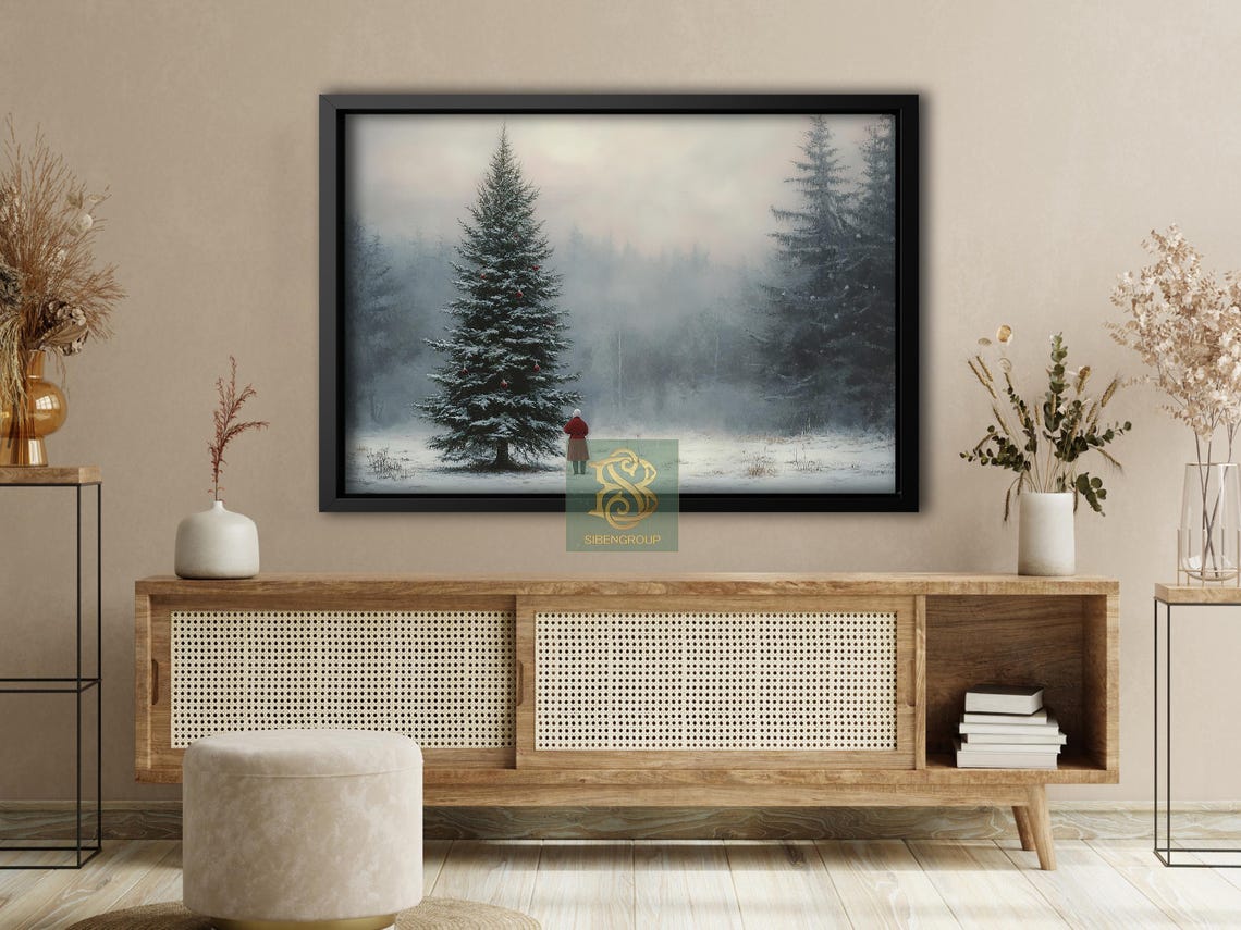 Snowy Christmas Tree With Figure In Red Coat Winter Forest Print - Image 4
