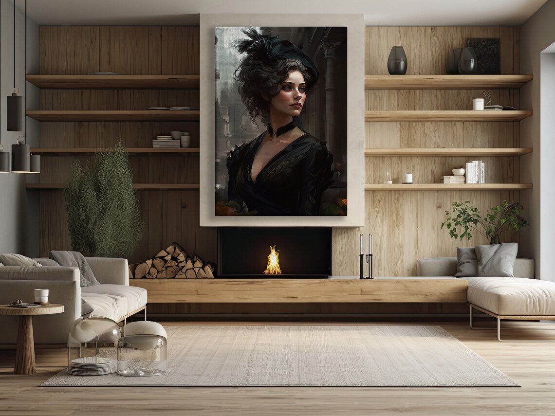 Victorian Lady In Black Gown With Feathered Hat Moody Elegant Art Poster - Image 4