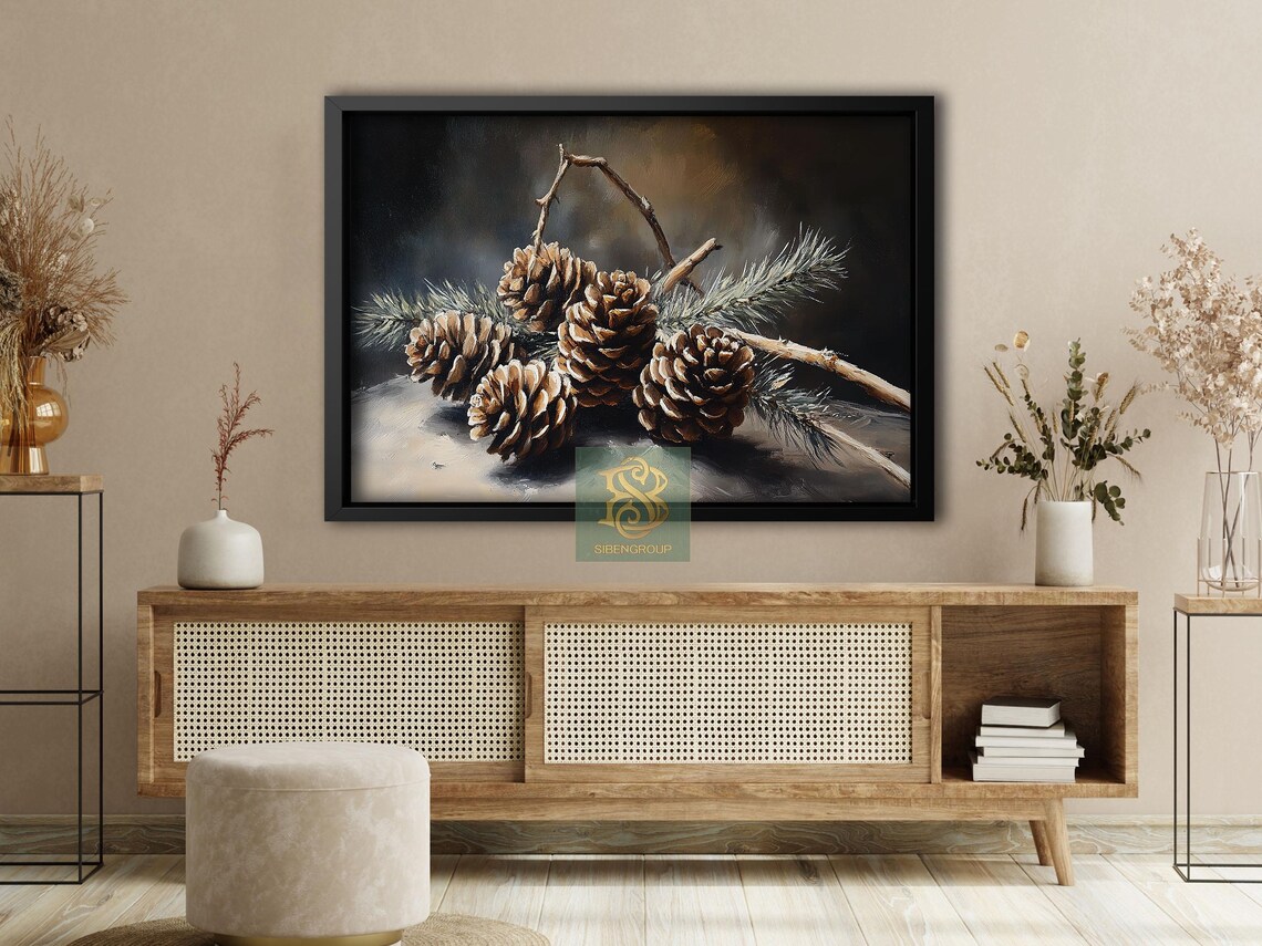 Moody Pinecone and Pine Twig Still Life Dark Oil Painting Poster - Image 4