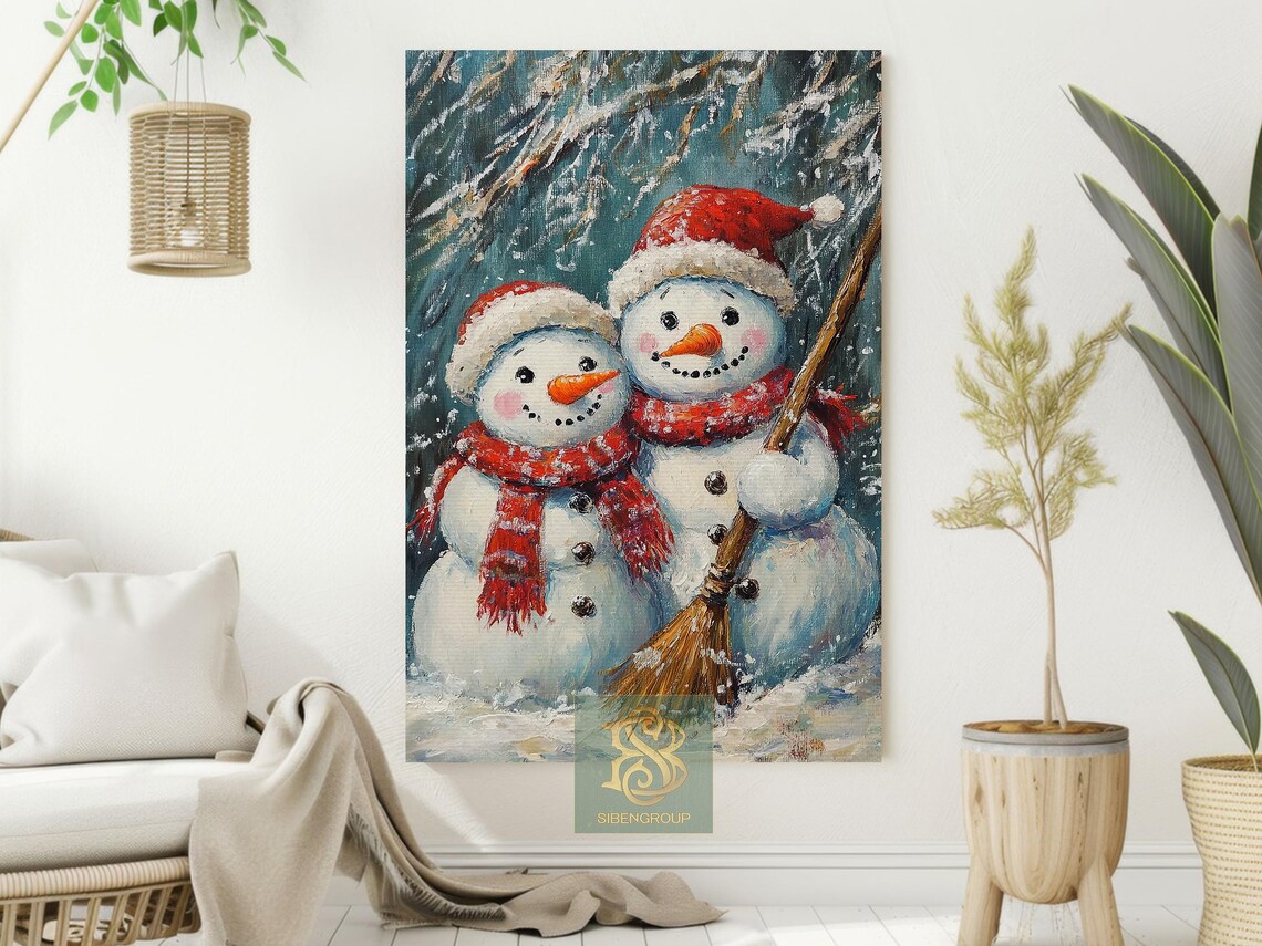 Two Happy Snowmen With Red Scarves And Broom In Snowy Woods Print - Image 2