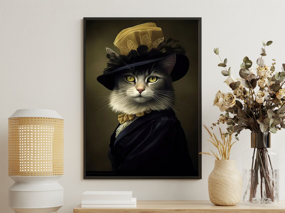 Elegant Gray Cat Lady In Black Feather Hat Vintage Animal Portrait Poster