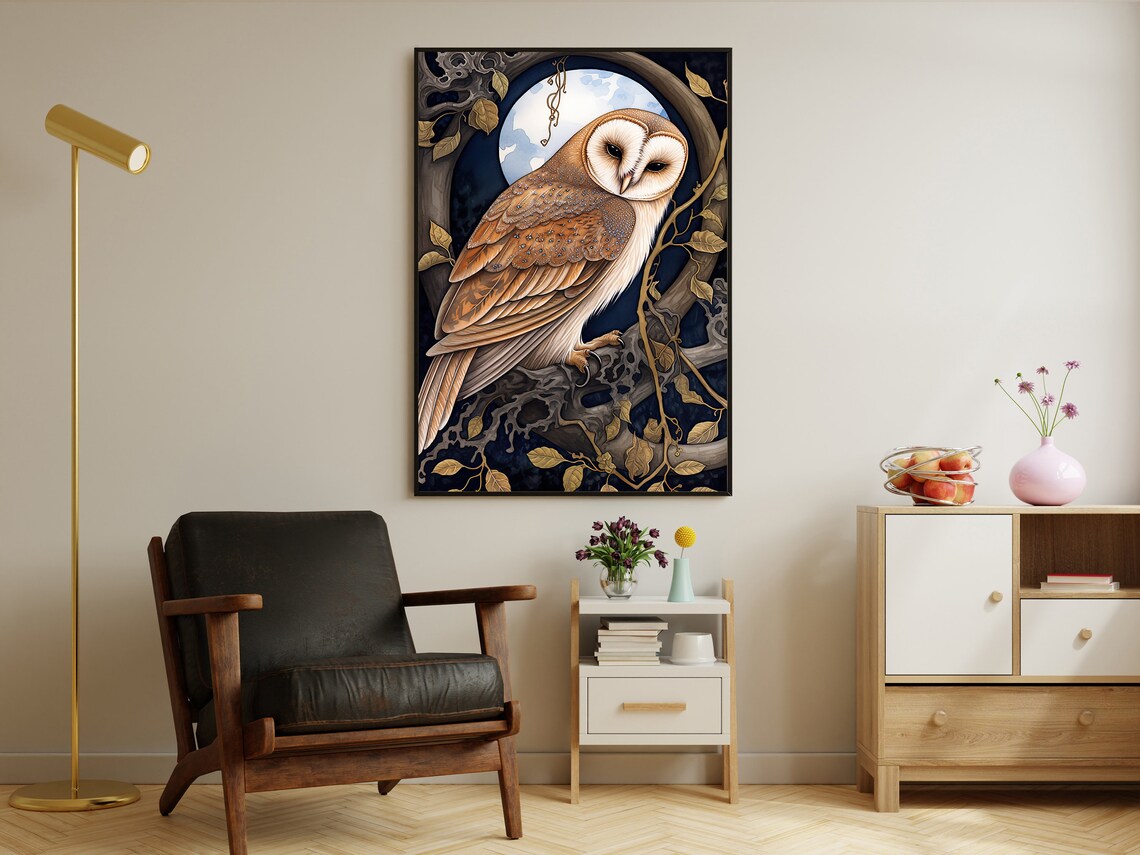 Barn Owl Under Full Moon Golden Branch Vintage Gothic Art Poster - Image 2