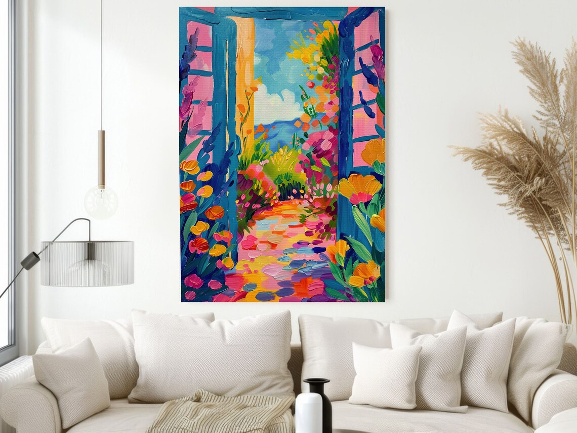 Colorful Flower Garden Through Blue Shutters Matisse Style Poster - Image 3