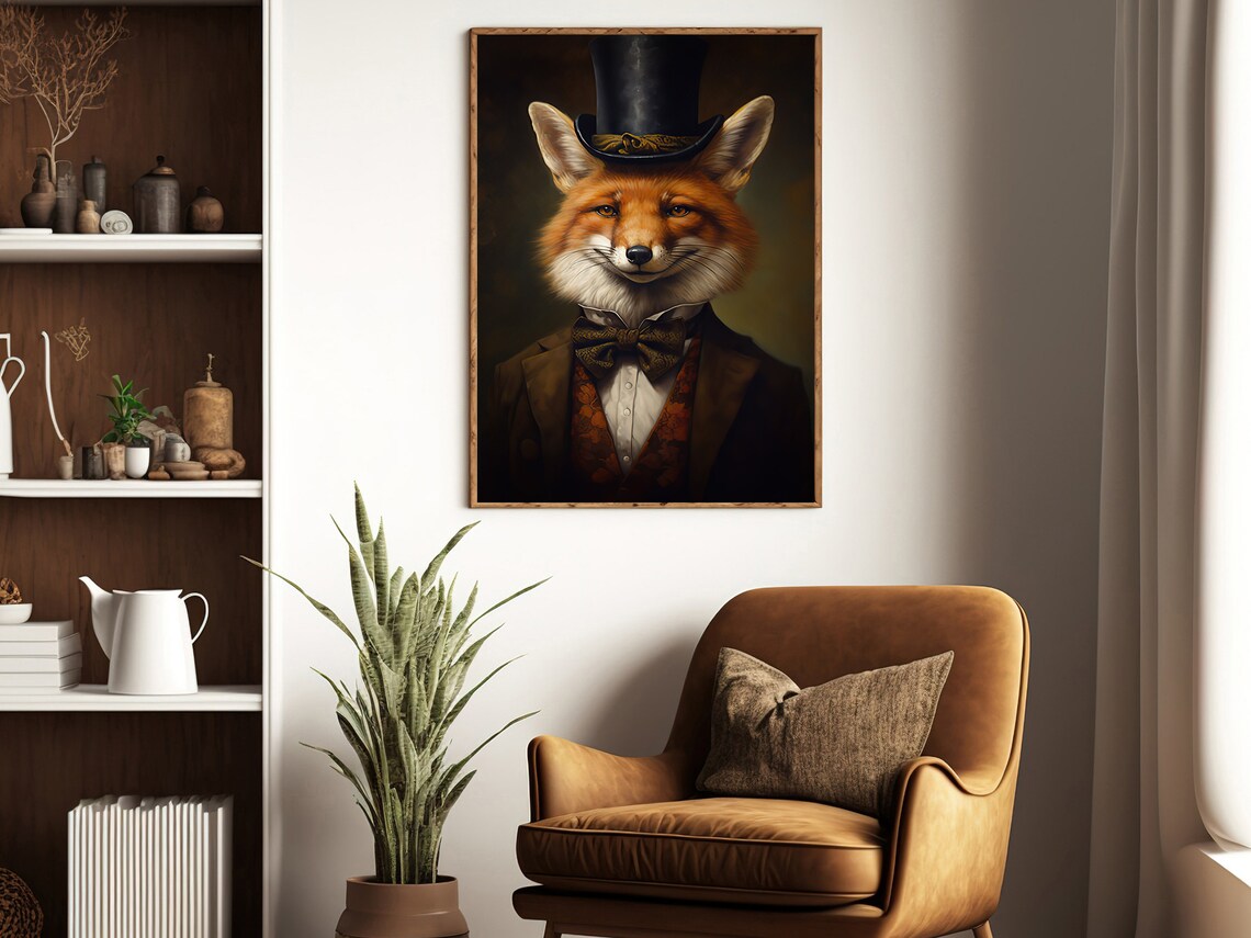 Victorian Fox Gentleman In Top Hat And Bow Tie Portrait Print - Image 2