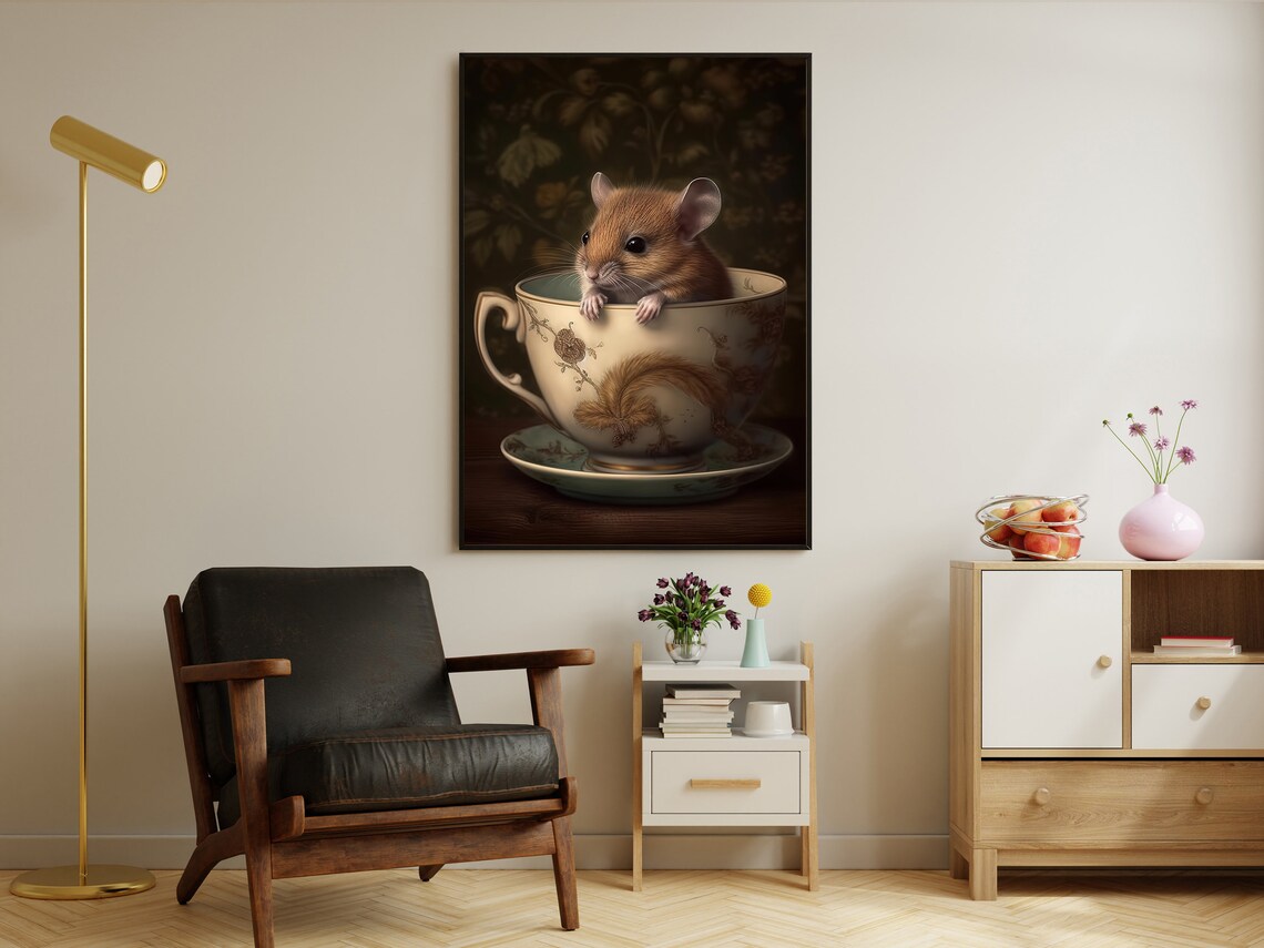 Cute Mouse In Vintage Teacup Whimsical Storybook Animal Poster - Image 2