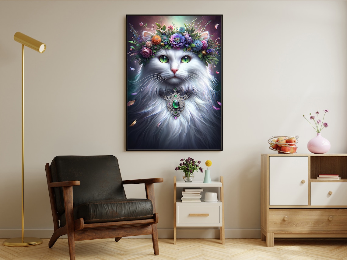 White Cat With Flower Crown And Emerald Necklace Surreal Animal Art Print - Image 2