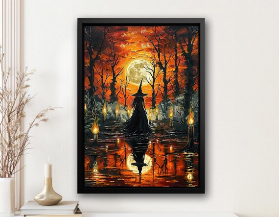 Witch Silhouette in Moonlit Water with Candles Fiery Night Art Poster