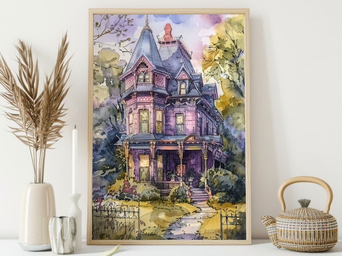 Pink Victorian Mansion Tower Watercolor Haunted House Halloween Dreamy Art Poster - Image 4