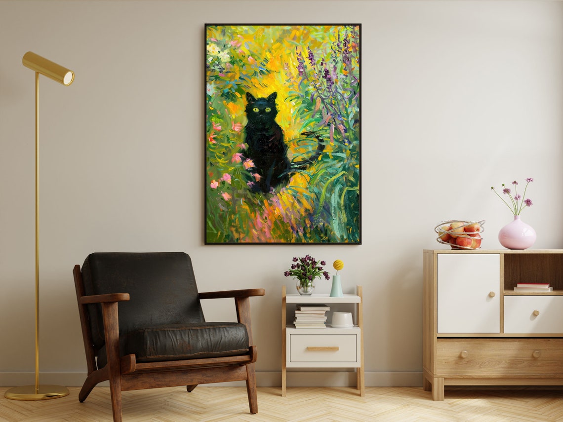 Black Cat Sitting In Colorful Flower Garden Impressionist Animal Print - Image 3
