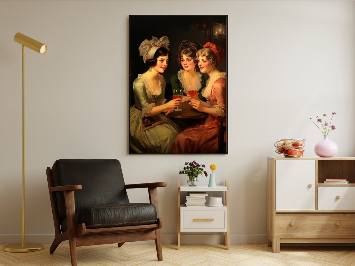 Victorian Ladies Toasting Wine Glasses Elegant Vintage Oil Painting Wall Art - Image 2