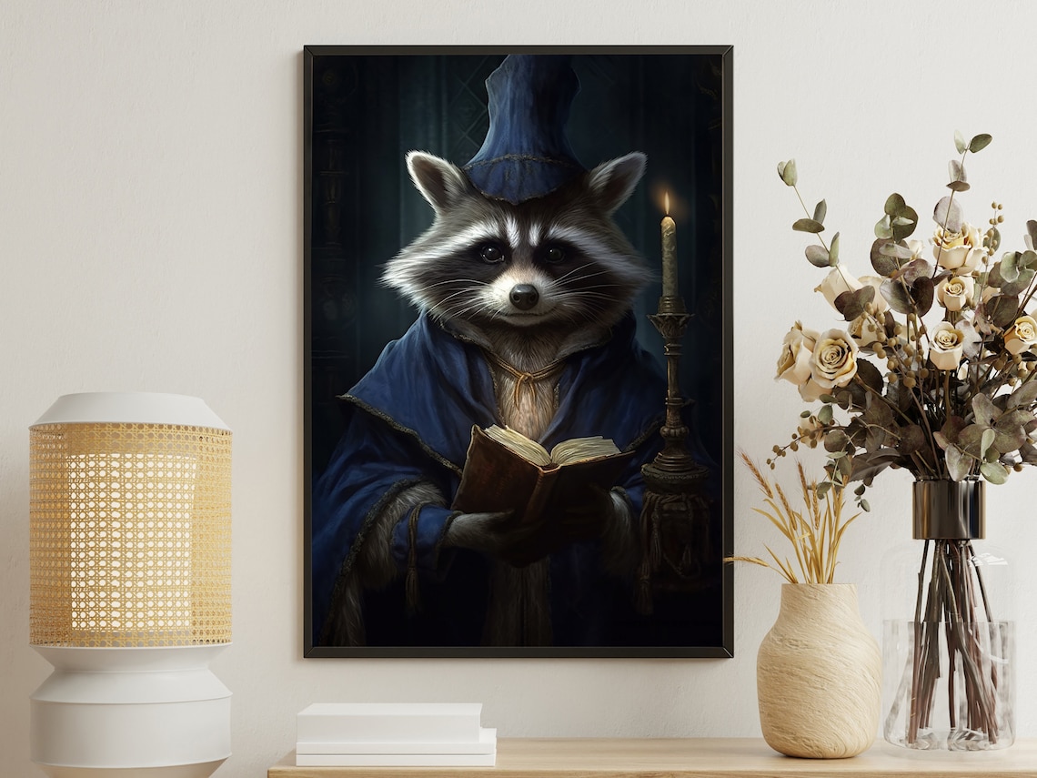 Raccoon Scholar In Blue Wizard Robe Reading Book Candlelit Library Wall Art