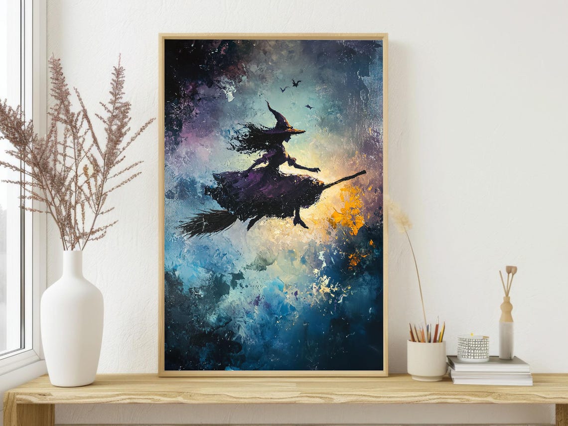 Witch On Broom Flying Through Swirling Painterly Midnight Sky Print - Image 3