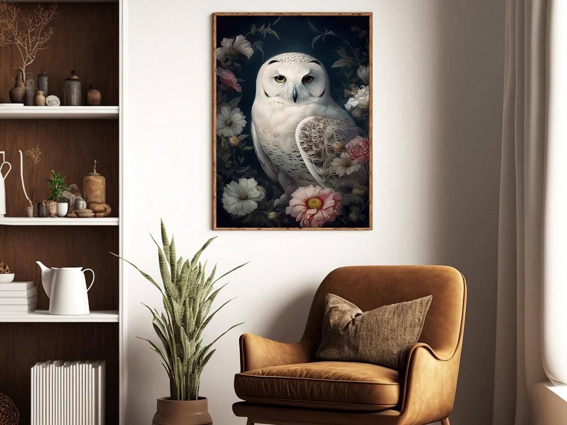 White Snowy Owl Among Pink Flowers Dark Floral Vintage Art Print Poster - Image 2