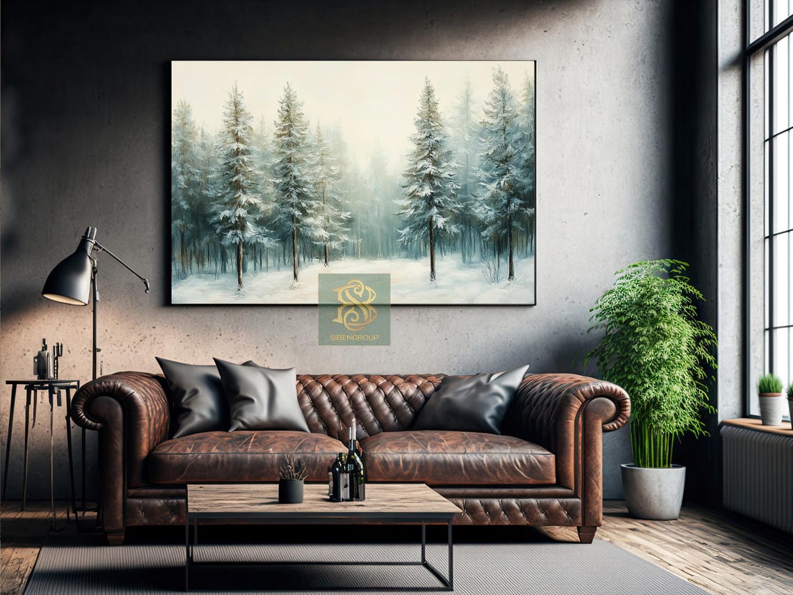Snow Covered Pine Trees In Misty Winter Forest Serene White Wall Art - Image 3